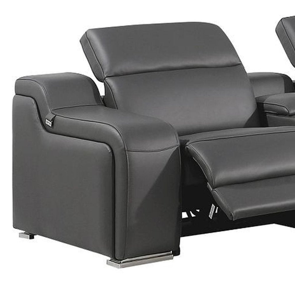 Gray Italian Leather Power Reclining Curved Seven Piece Corner Sectional With Console