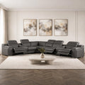 Gray Italian Leather Power Reclining Curved Eight Piece Corner Sectional With Console