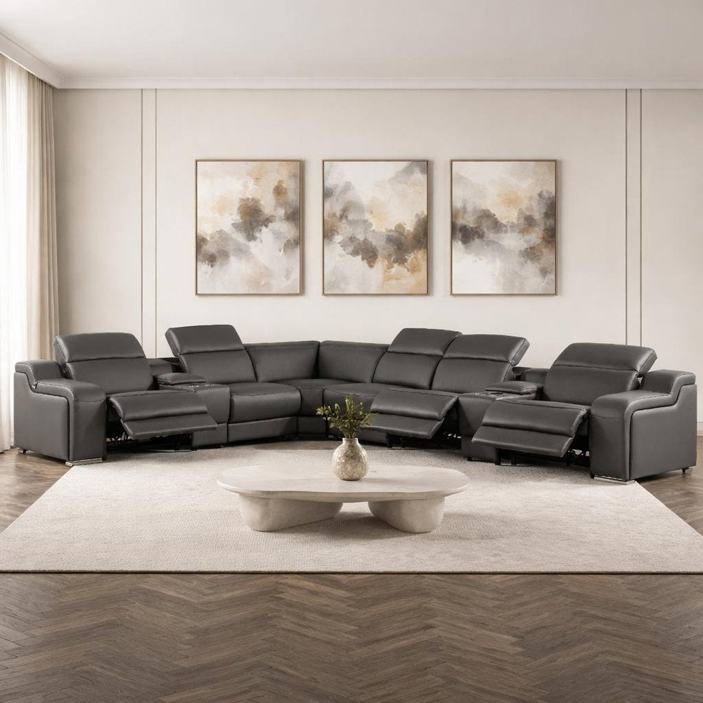 Gray Italian Leather Power Reclining Curved Eight Piece Corner Sectional With Console