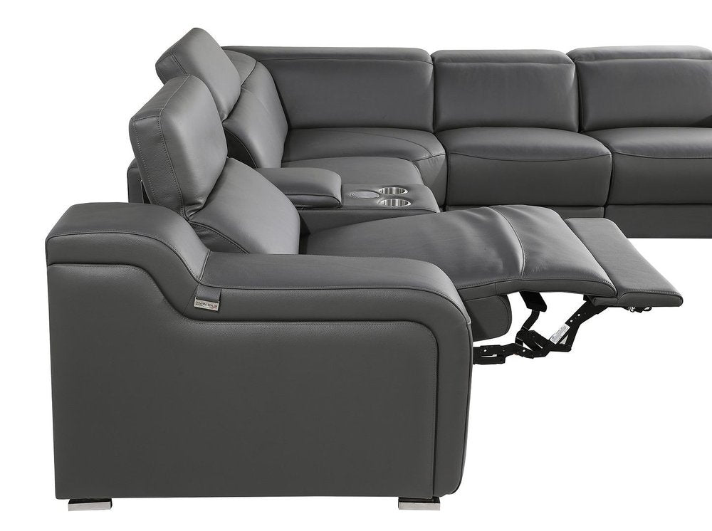 Gray Italian Leather Power Reclining Curved Eight Piece Corner Sectional With Console