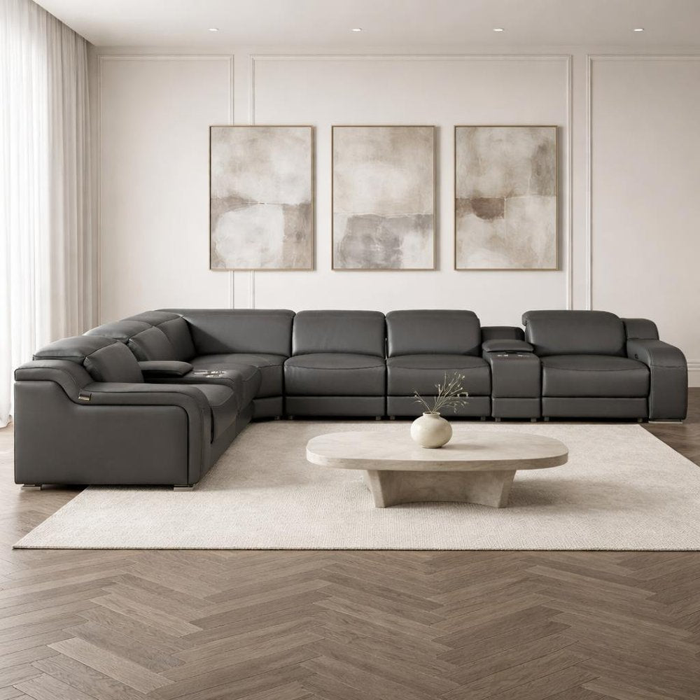 Gray Italian Leather Power Reclining Curved Eight Piece Corner Sectional With Console