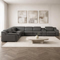 Gray Italian Leather Power Reclining Curved Eight Piece Corner Sectional With Console