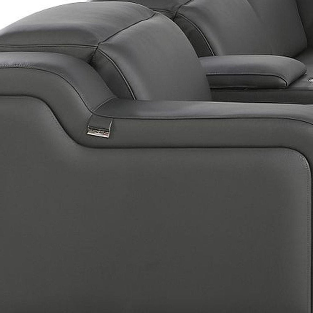 Gray Italian Leather Power Reclining Curved Eight Piece Corner Sectional With Console