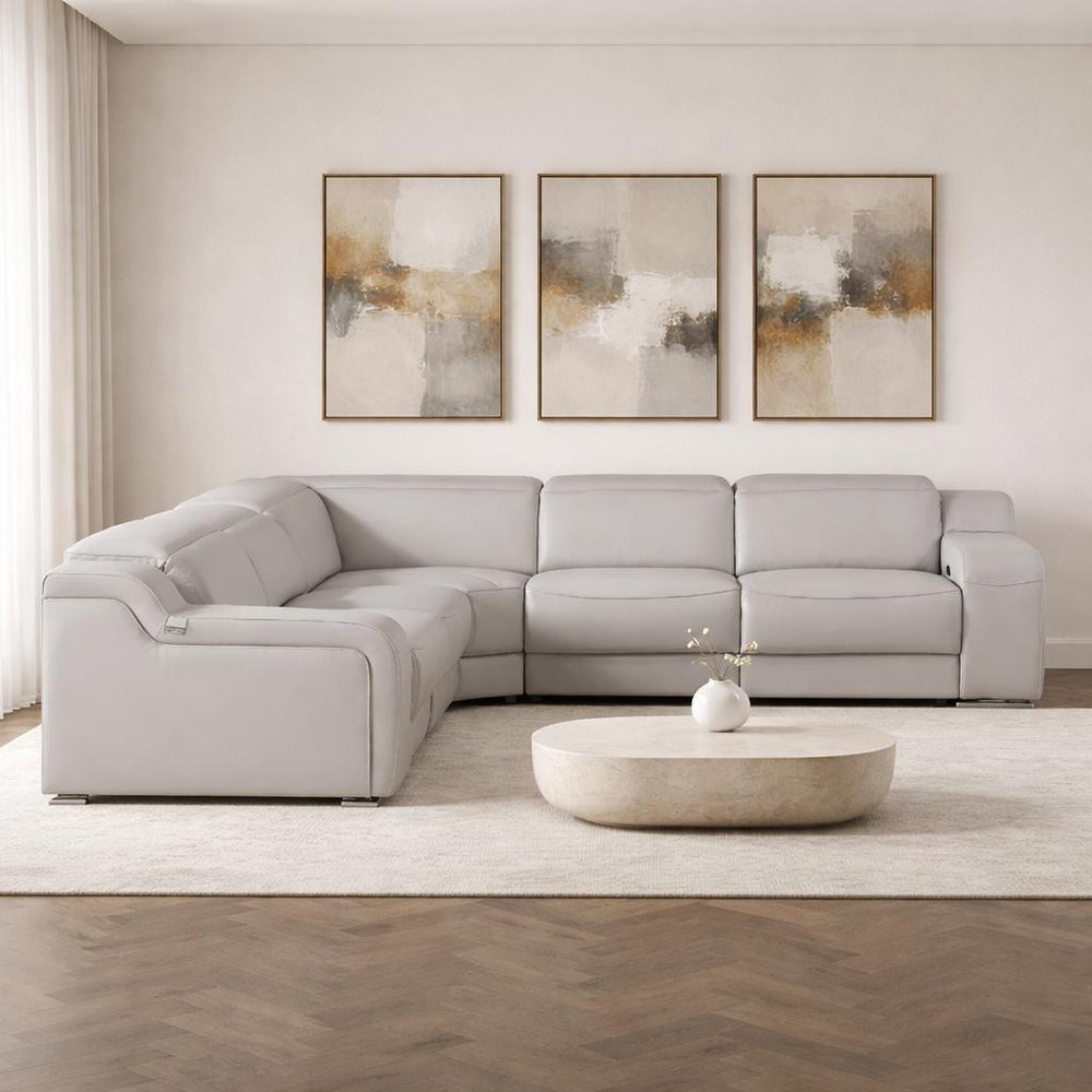 Light Gray Italian Leather Power Reclining Curved Five Piece Corner Sectional With Console