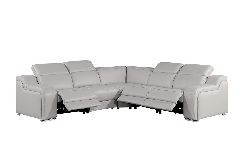 Light Gray Italian Leather Power Reclining Curved Five Piece Corner Sectional With Console