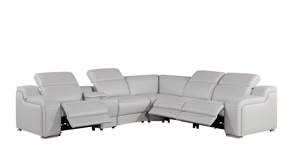 Light Gray Italian Leather Power Reclining Curved Six Piece Corner Sectional With Console