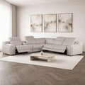Light Gray Italian Leather Power Reclining Curved Six Piece Corner Sectional With Console