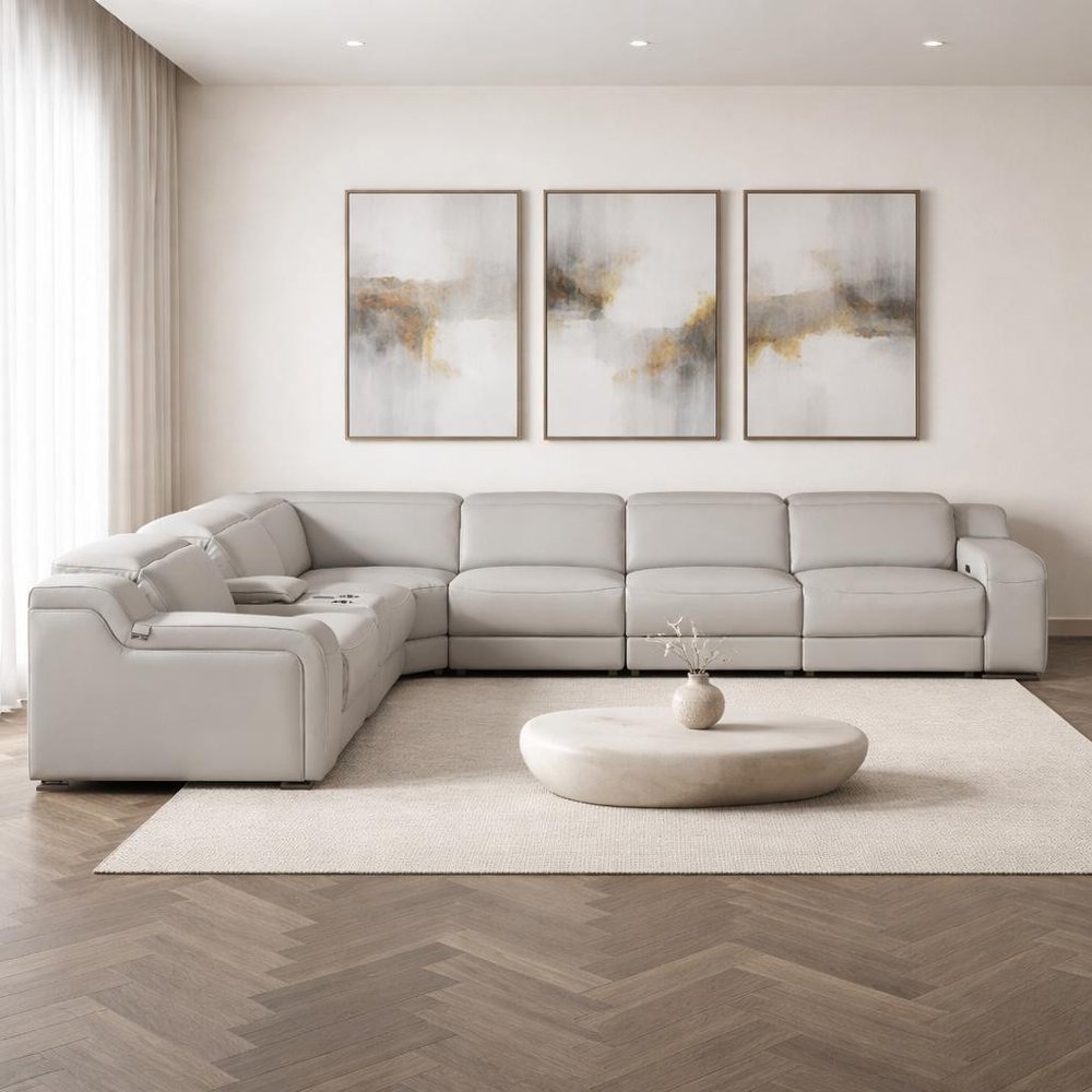 Light Gray Italian Leather Power Reclining Curved Seven Piece Corner Sectional With Console