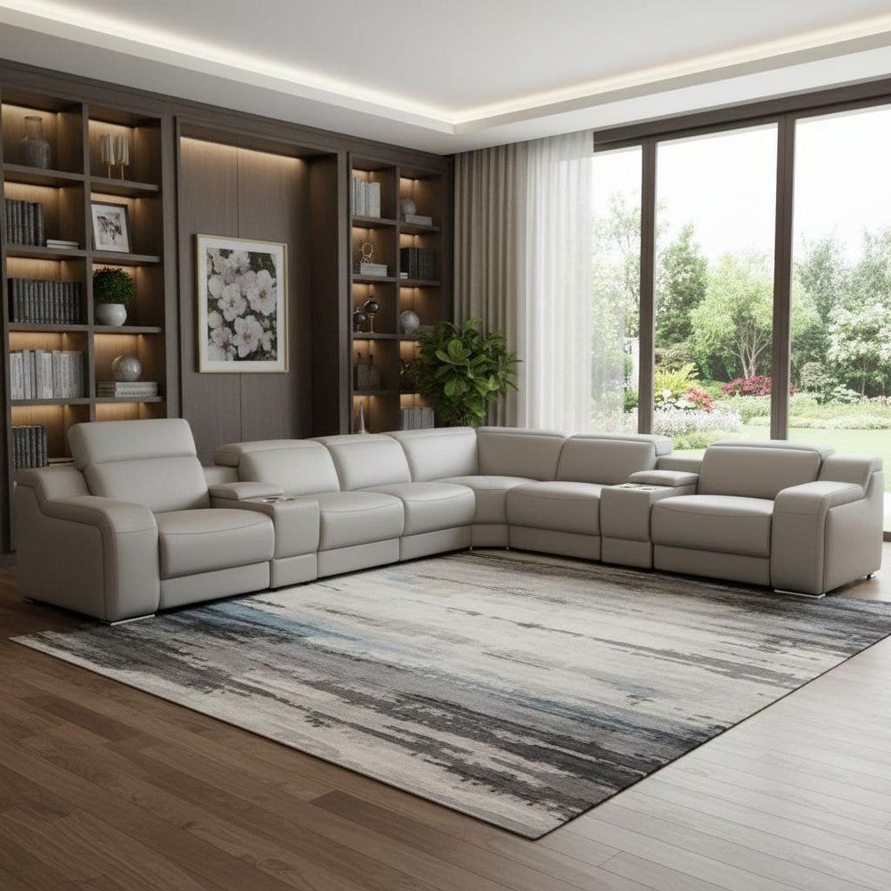 Light Gray Italian Leather Power Reclining Curved Eight Piece Corner Sectional With Console