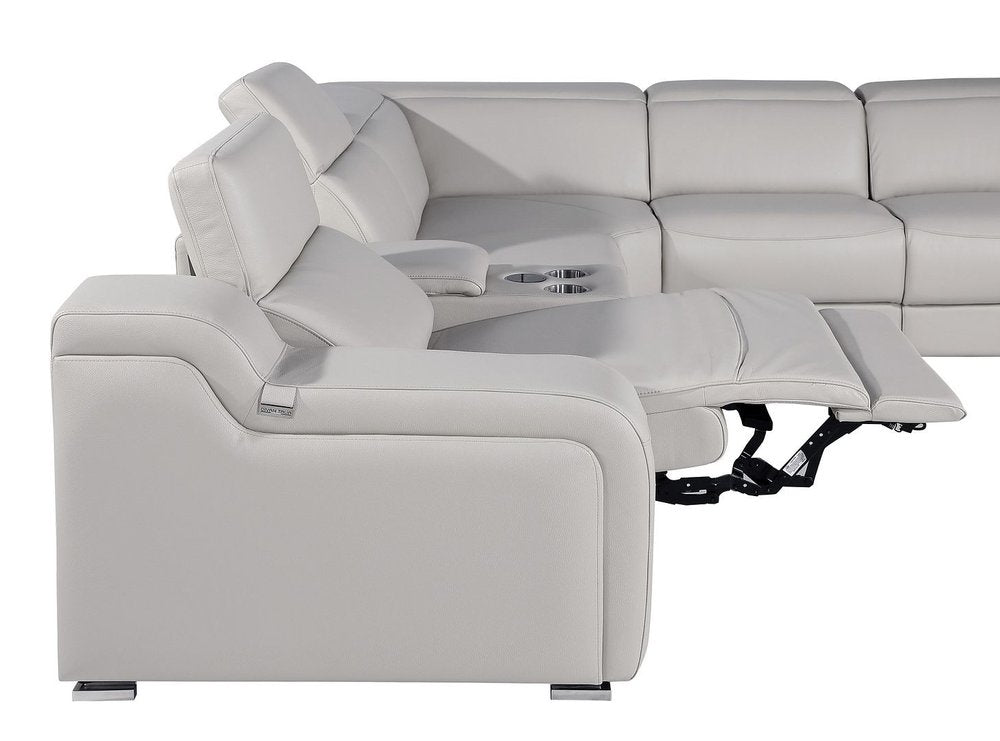 Light Gray Italian Leather Power Reclining Curved Eight Piece Corner Sectional With Console