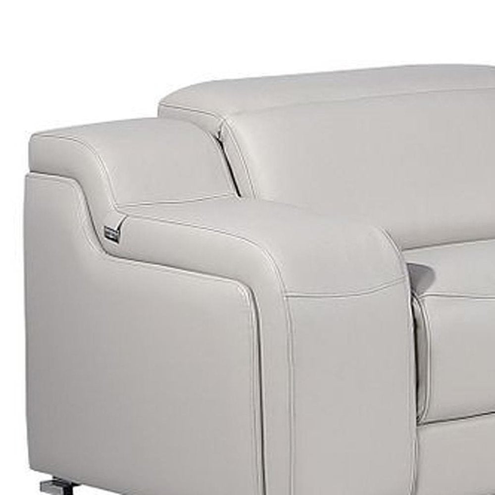Light Gray Italian Leather Power Reclining Curved Eight Piece Corner Sectional With Console