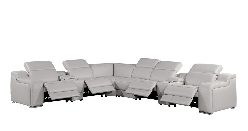 Light Gray Italian Leather Power Reclining Curved Eight Piece Corner Sectional With Console