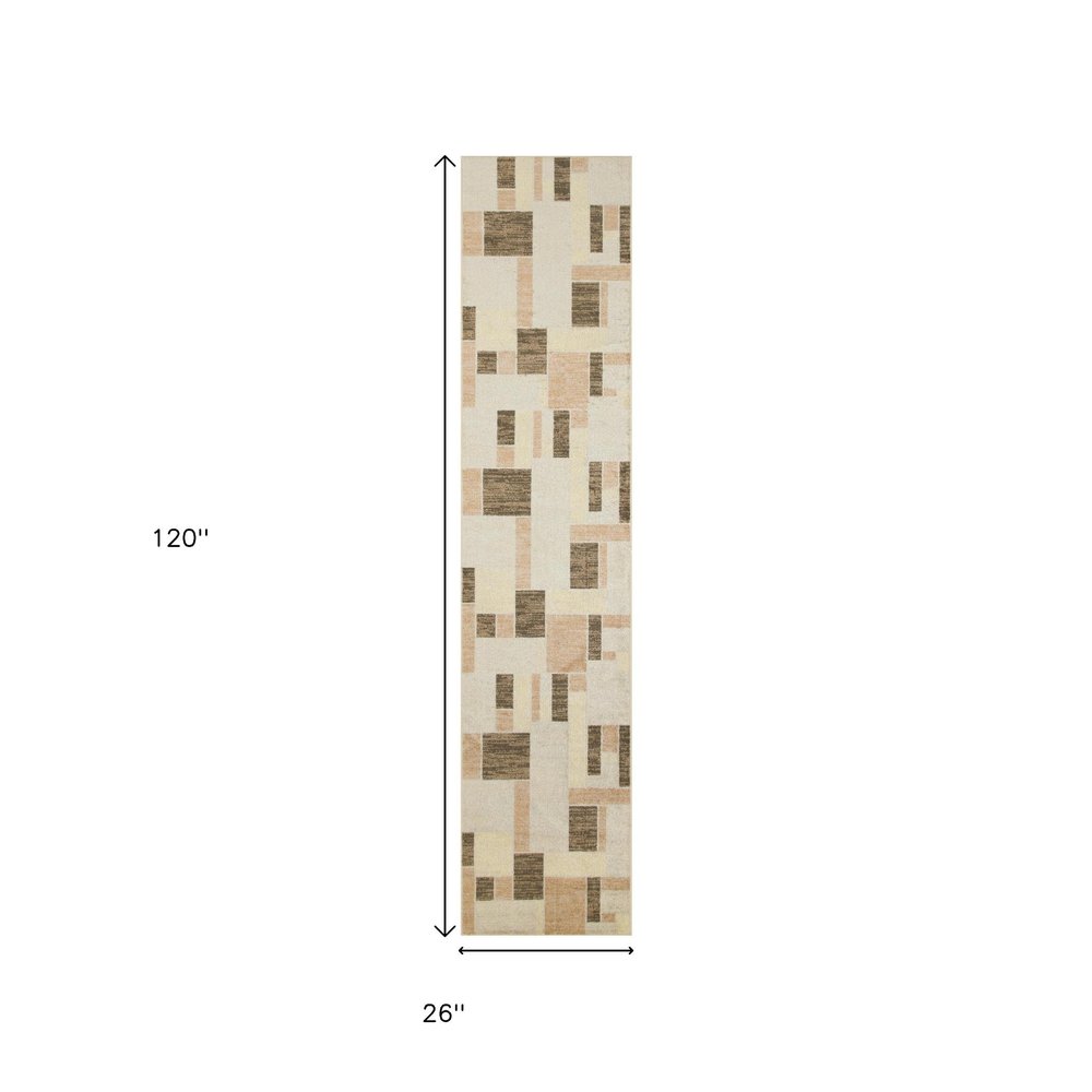 10' Beige Geometric Runner Rug