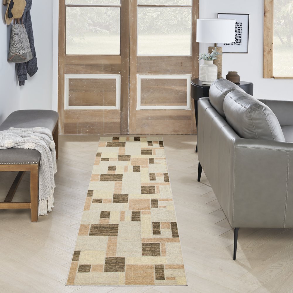 10' Beige Geometric Runner Rug