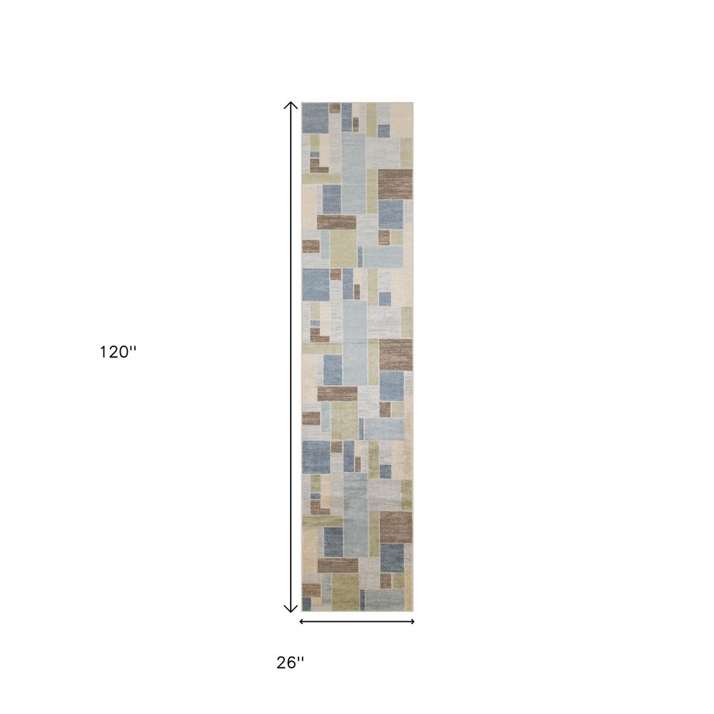10' Blue Brown And Tan Geometric Washable Runner Rug