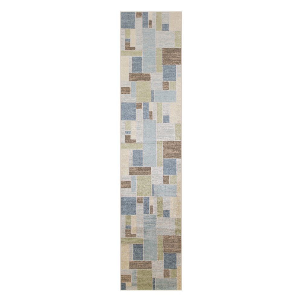 10' Blue Brown And Tan Geometric Washable Runner Rug