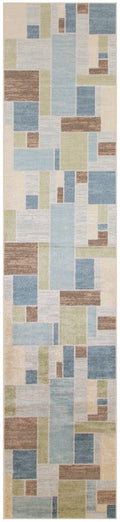 10' Blue Brown And Tan Geometric Washable Runner Rug
