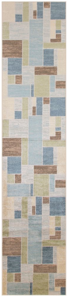 10' Blue Brown And Tan Geometric Washable Runner Rug