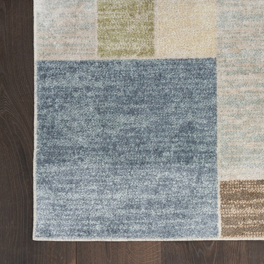 10' Blue Brown And Tan Geometric Washable Runner Rug