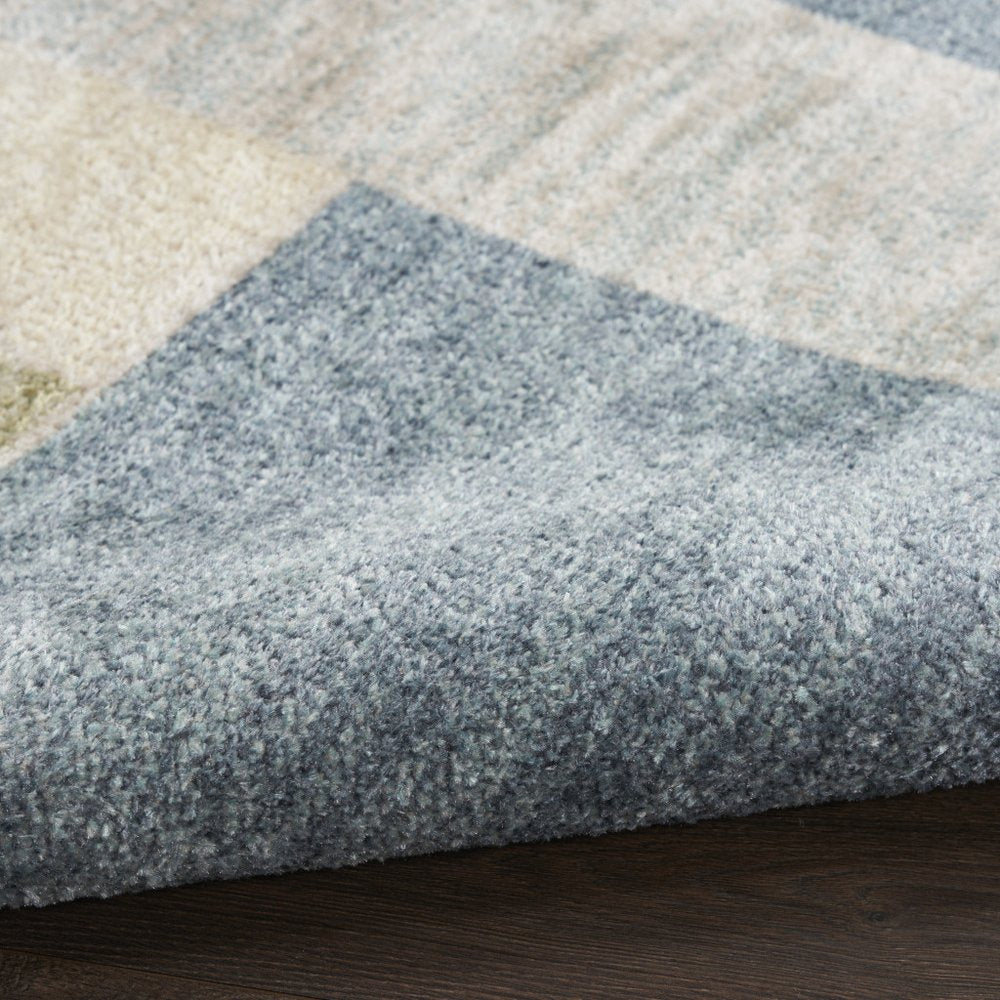 10' Blue Brown And Tan Geometric Washable Runner Rug