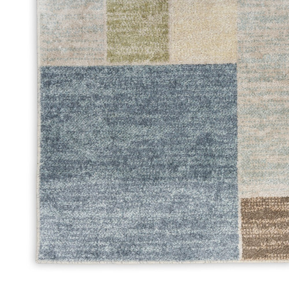 10' Blue Brown And Tan Geometric Washable Runner Rug
