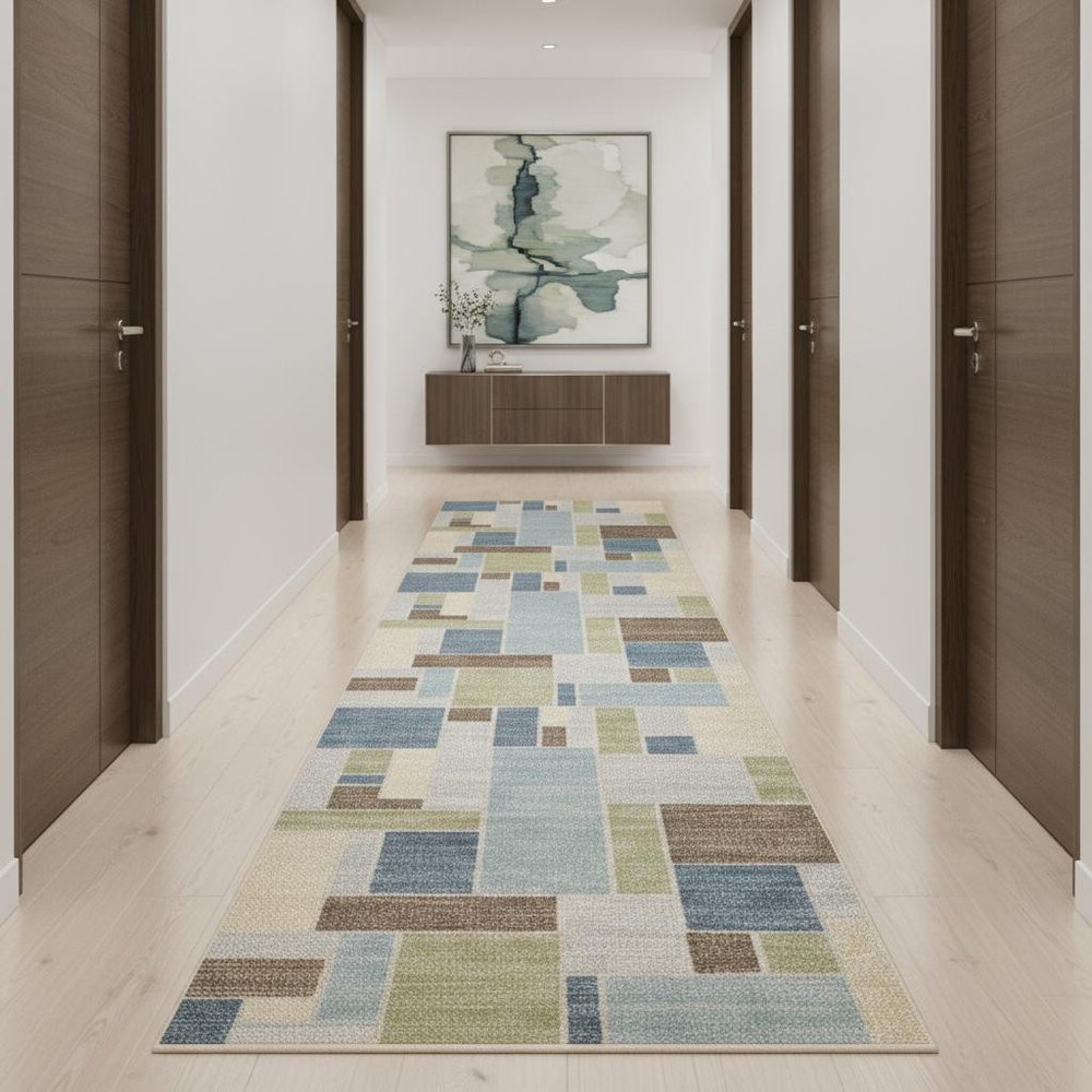 10' Blue Brown And Tan Geometric Washable Runner Rug