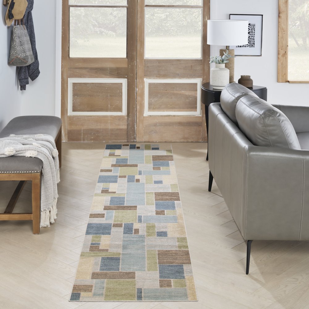10' Blue Brown And Tan Geometric Washable Runner Rug