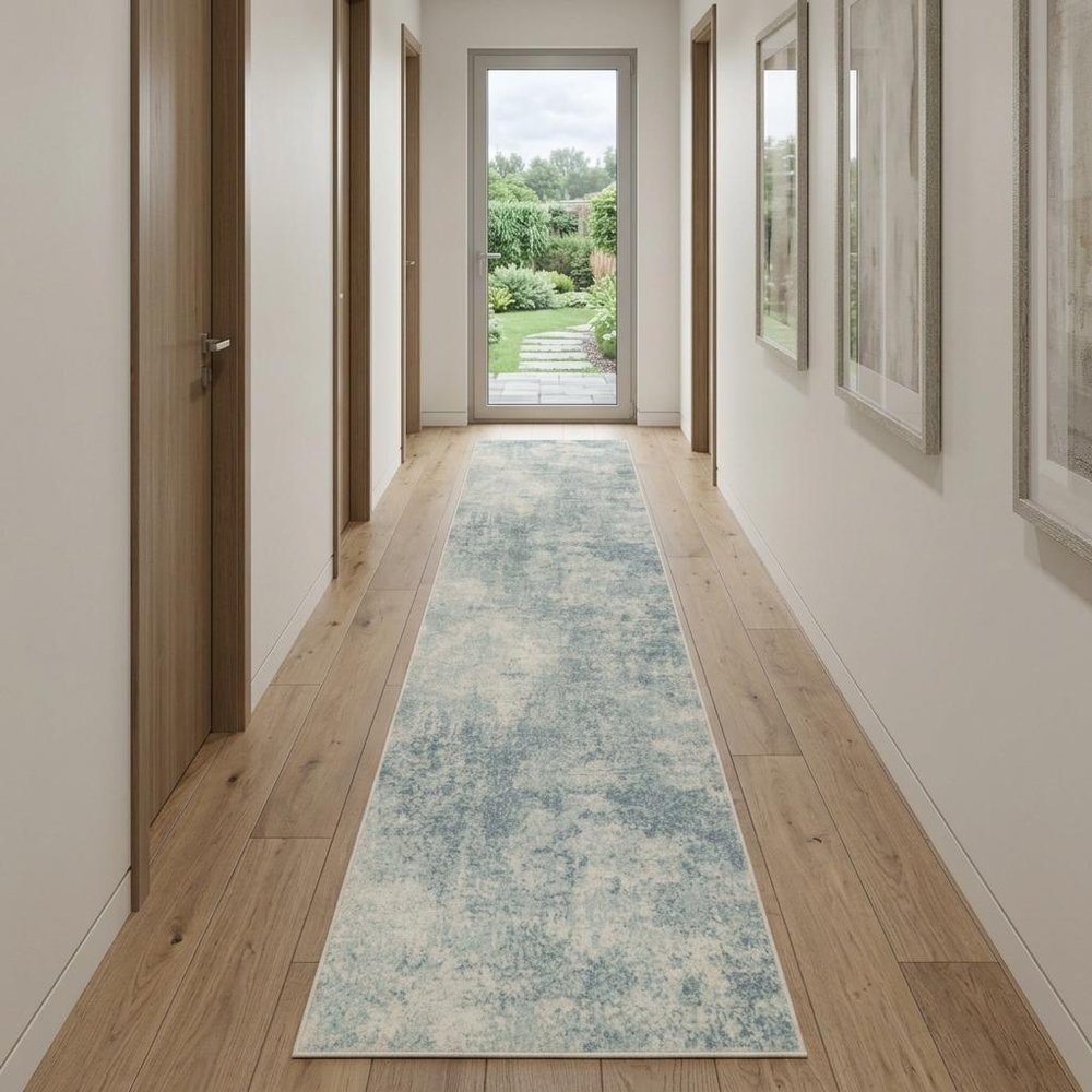 10' Blue And Ivory Abstract Washable Runner Rug