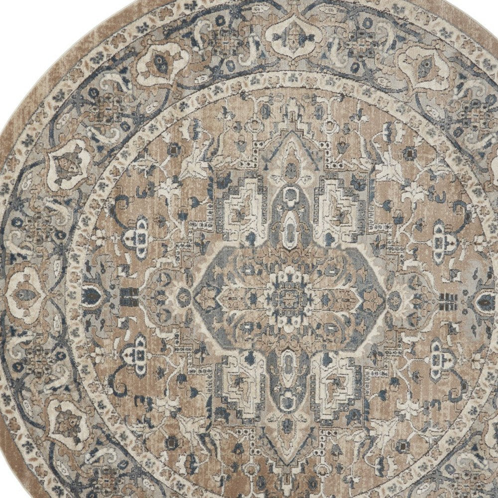 10' Beige and Gray Square Medallion Power Loom Distressed Area Rug