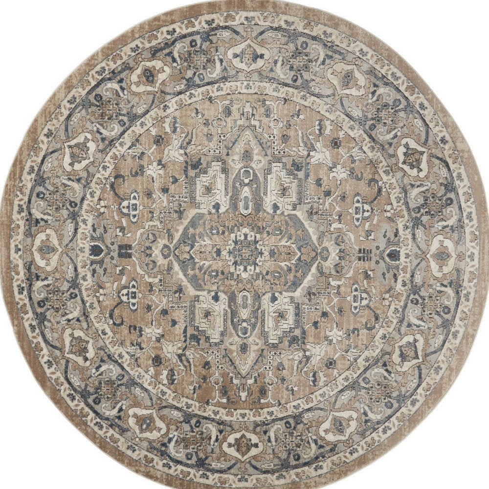 10' Beige and Gray Square Medallion Power Loom Distressed Area Rug
