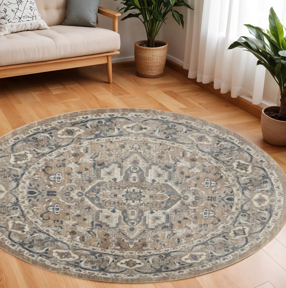 10' Beige and Gray Square Medallion Power Loom Distressed Area Rug