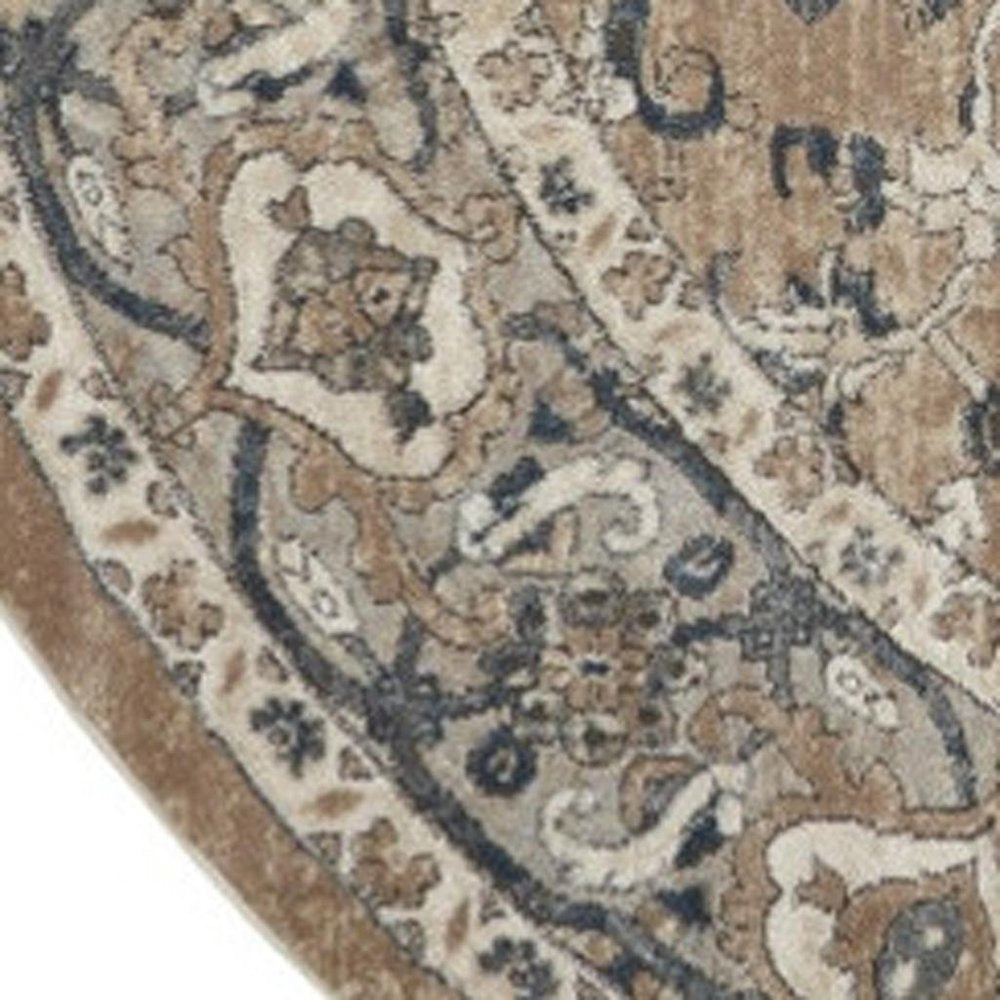 10' Beige and Gray Square Medallion Power Loom Distressed Area Rug