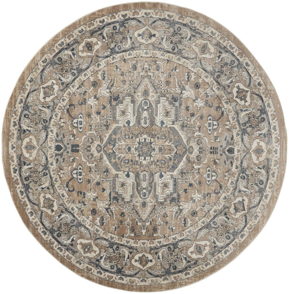 10' Beige and Gray Square Medallion Power Loom Distressed Area Rug