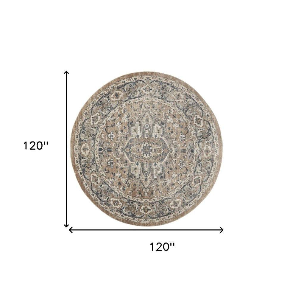 10' Beige and Gray Square Medallion Power Loom Distressed Area Rug