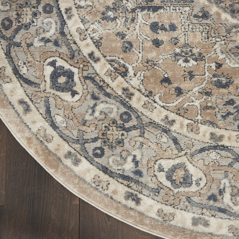 10' Beige and Gray Square Medallion Power Loom Distressed Area Rug
