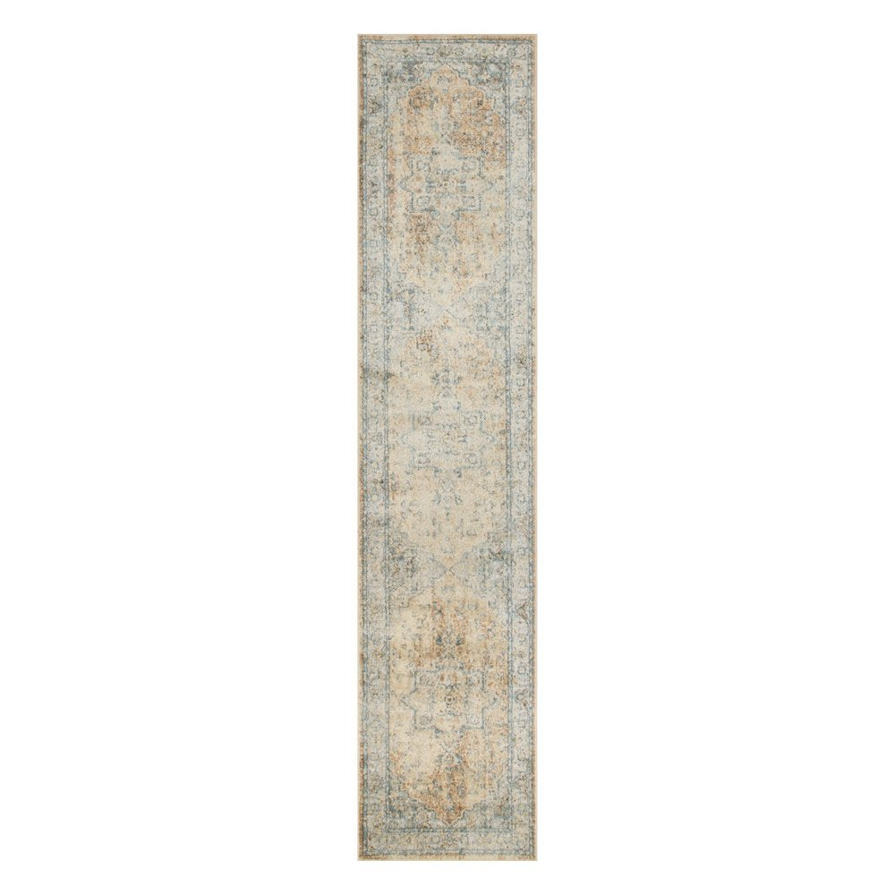 10' Beige Blue And Brown Floral Medallion Washable Runner Rug