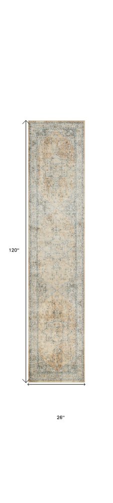 10' Beige Blue And Brown Floral Medallion Washable Runner Rug