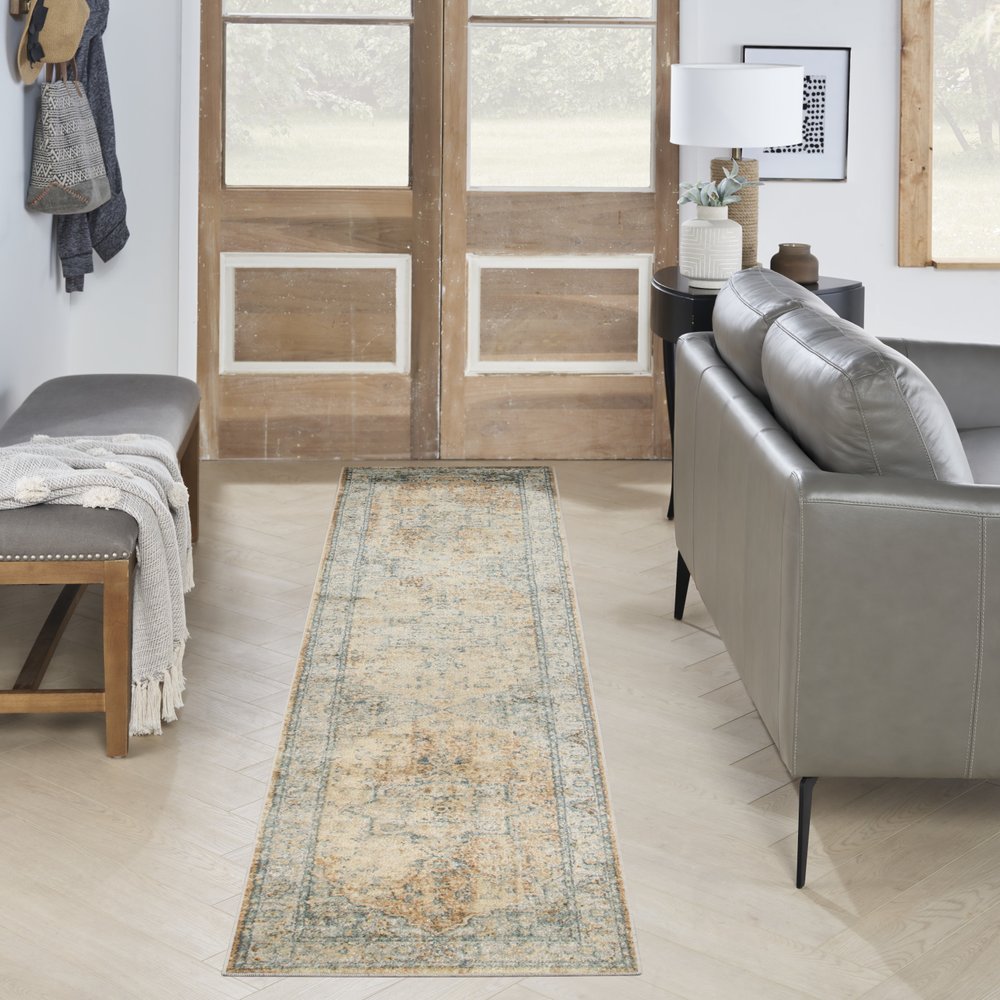 10' Beige Blue And Brown Floral Medallion Washable Runner Rug