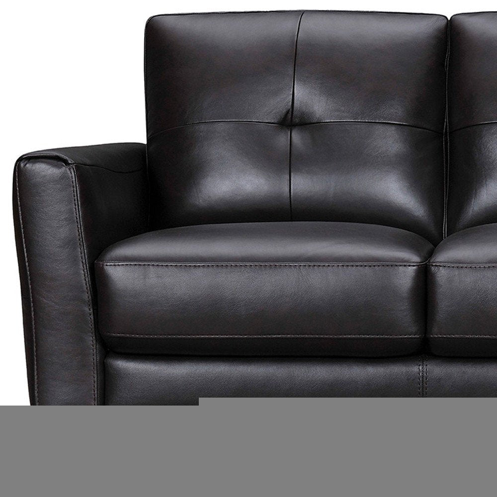 82" Black Leather Sofa With Brown Legs