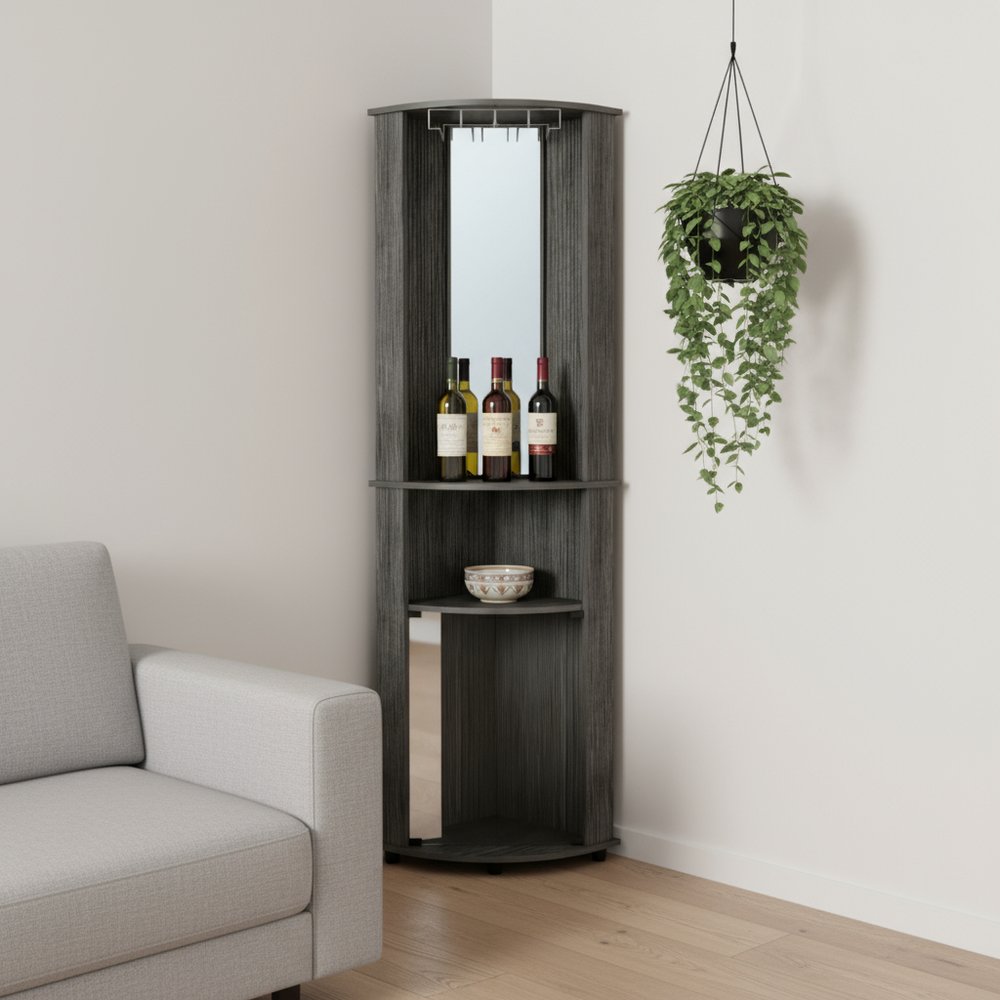 75" Charcoal Wood Ribbed Texture Corner Bar Cabinet With Two Doors