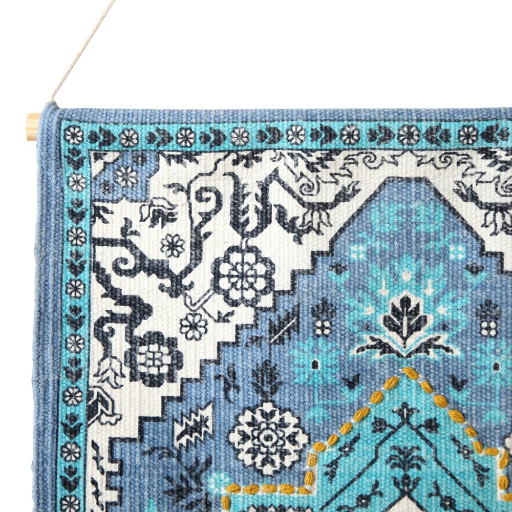 26" X 45" Blue Aqua And Ivory Flower Floral Cotton Macrame Hanging Tapestry