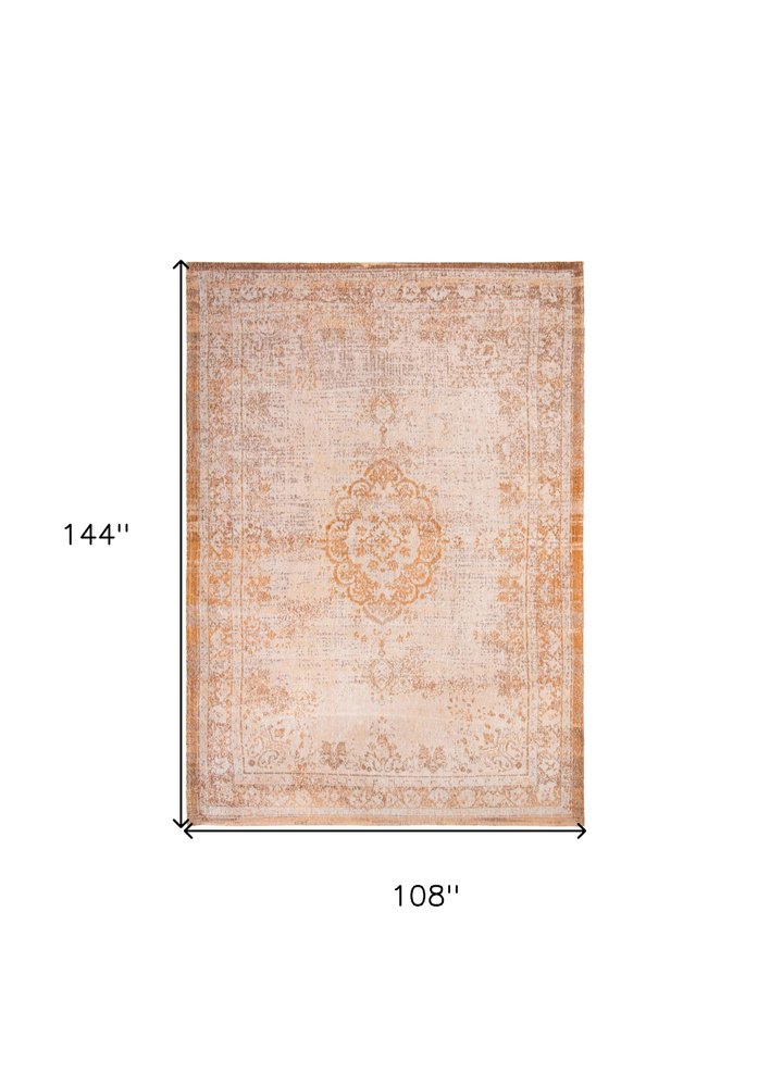 9' X 13' Orange And White Medallion ,Washable, Area Rug