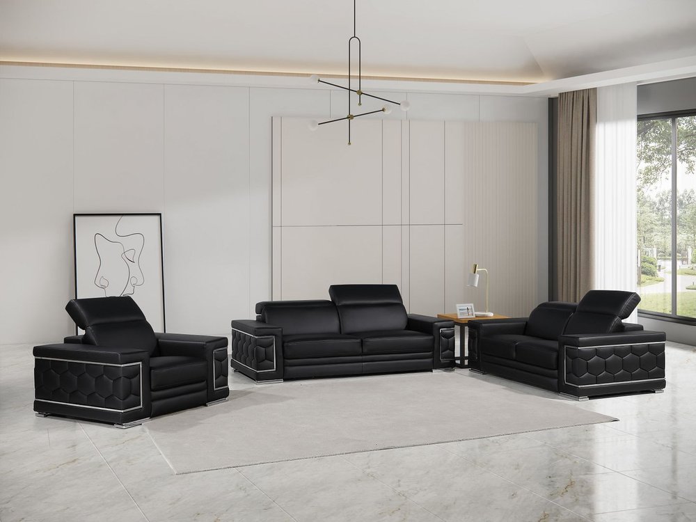 Three Piece Black Genuine Leather Six Person Seating Set