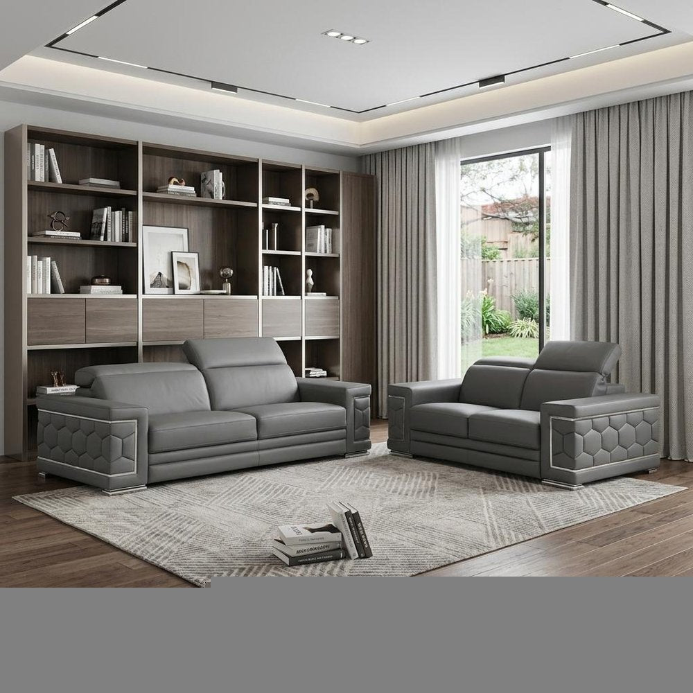 Two Piece Gray Genuine Leather Five Person Seating Set