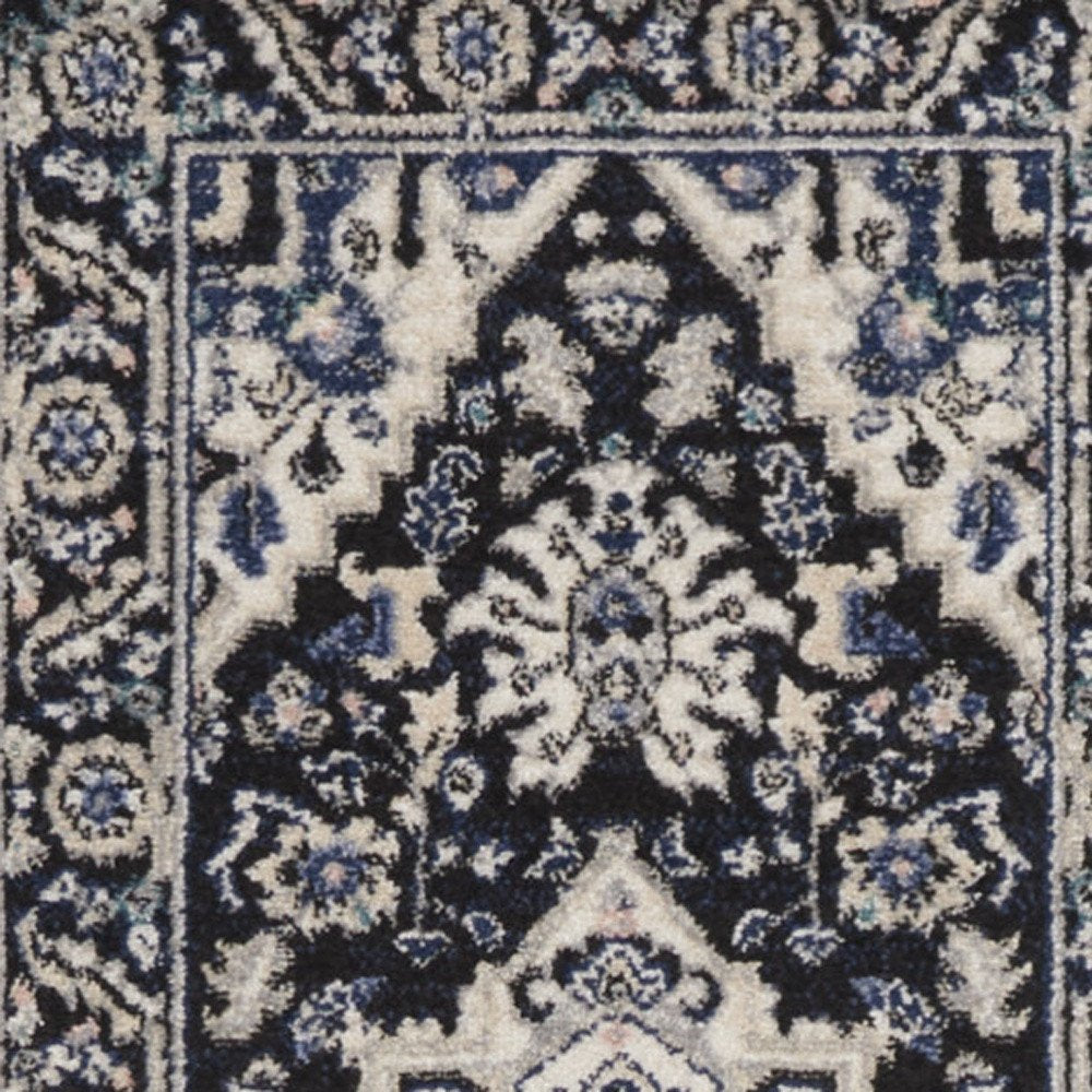 10' Black Ivory And Blue Floral Runner Rug