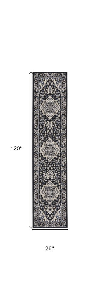 10' Black Ivory And Blue Floral Runner Rug