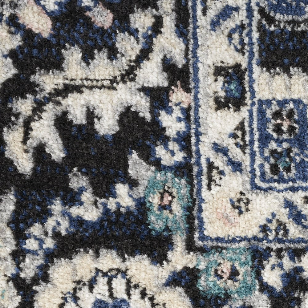 10' Black Ivory And Blue Floral Runner Rug