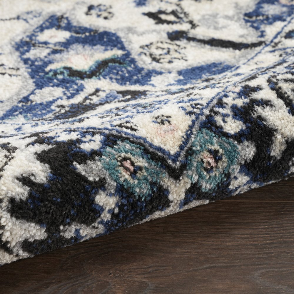 10' Black Ivory And Blue Floral Runner Rug