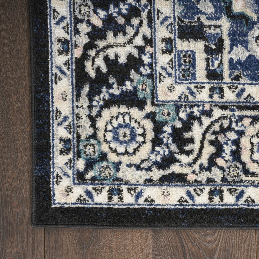 10' Black Ivory And Blue Floral Runner Rug