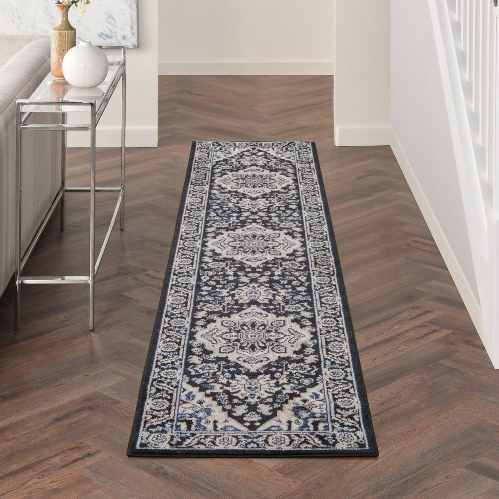 10' Black Ivory And Blue Floral Runner Rug